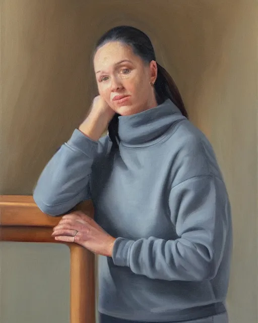 Prompt: an oil painting portrait of a woman wearing grey sweatpants and a sweatshirt, poised, large brush strokes, wood frame