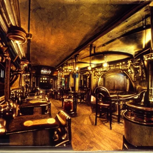 Prompt: Interior shot of a steampunk pub by stanley kubrick, shot by 35mm film color photography