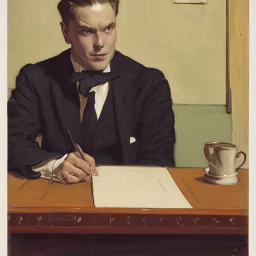 Image similar to man in desk with coffee and black suit by leyendecker and dean cornwell, 5 feet distance from the camera