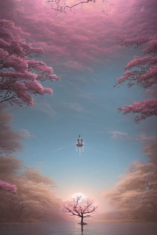 Image similar to vanishing point a single sakura tree upon a lake, viewed from afar, stephen bliss, mist, unreal engine, fantasy art by greg rutkowski, loish, rhads, ferdinand knab, makoto shinkai and lois van baarle, ilya kuvshinov, rossdraws, tom bagshaw, global illumination, radiant light, minimalist, detailed and intricate environment