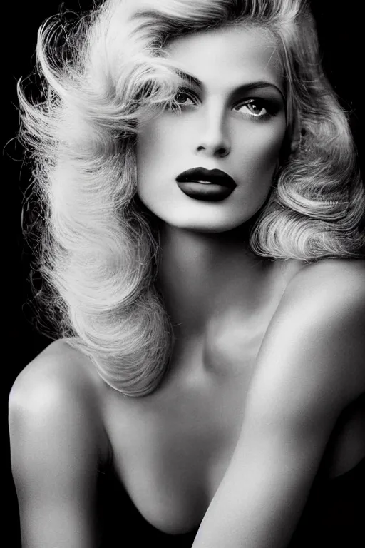 Prompt: stunning award - winning herb ritts portrait of a beautiful fashion model. shiny glossy blonde hair. old hollywood makeup. vintage glamour. glossy lips. supermodel. black and white photography. vogue. nikon 5 0 mm f / 1. 6