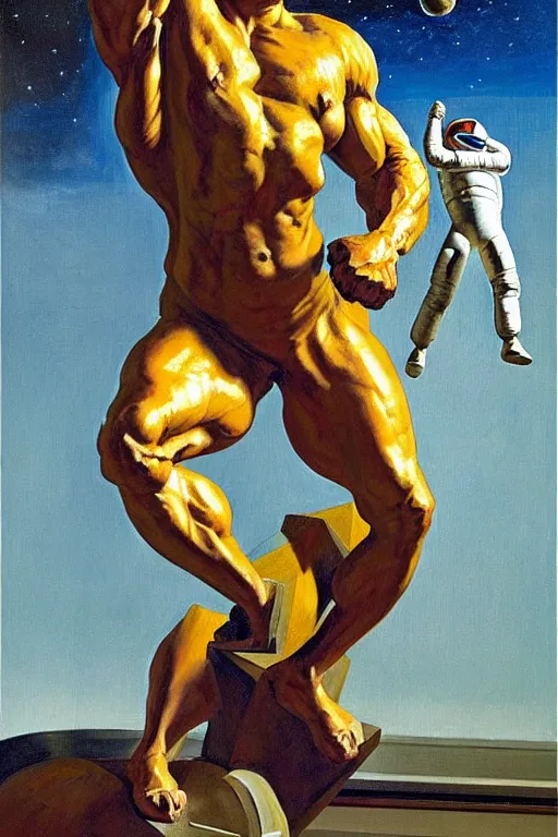 Image similar to bodybuilder in an astronaut helmet lifts a statue of a horse, highly detailed painting by francis bacon, edward hopper, adrian ghenie, gerhard richter, and james jean soft light 4 k,