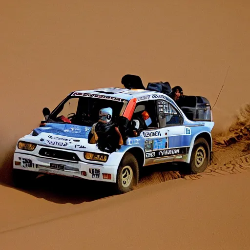 Image similar to grey Honda Civic 2001 jumping over dune desert in the 2003 Dakar rally. Many spectators watch large crowd. stock 2001 Honda civic with rusted panels old. Cannon Photo 45mm wide angle full view un cropped. 720p photo by Jesse Alexander.