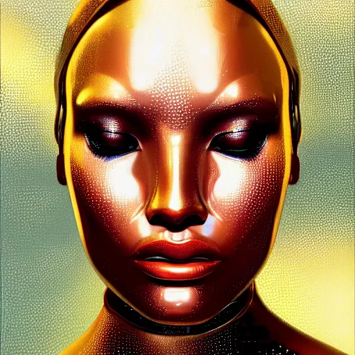 Prompt: an intricate, detailed face of an android, golden skin with water drops on it, dramatic lighting, trending on artstation, syd mead