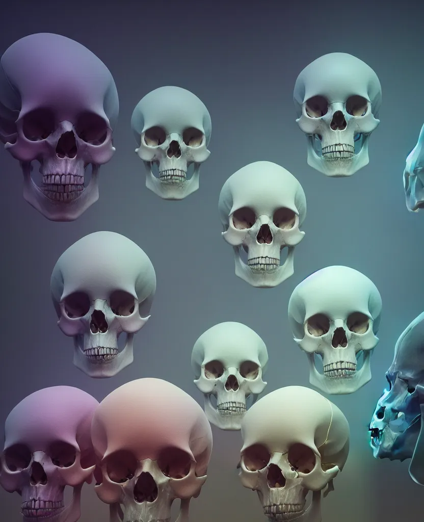 Prompt: composition of human skulls, animals skulls, bones, rib-cage and orchids, bioluminiscent, by Tooth Wu and wlop and beeple. octane render, trending on artstation, greg rutkowski very coherent symmetrical artwork. cinematic, hyper realism, high detail, octane render, 8k