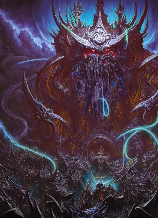 Image similar to wide shot of a changer of ways tzeentch, evil warp energy, intricate, warhammer, warhammer 4 0 k, highly detailed, digital painting, concept art, sharp focus, illustration, psychedelic, grim dark, moody, gloomy, art by john blanche, by pedro nunez, by jaime martinez, by nacho molina