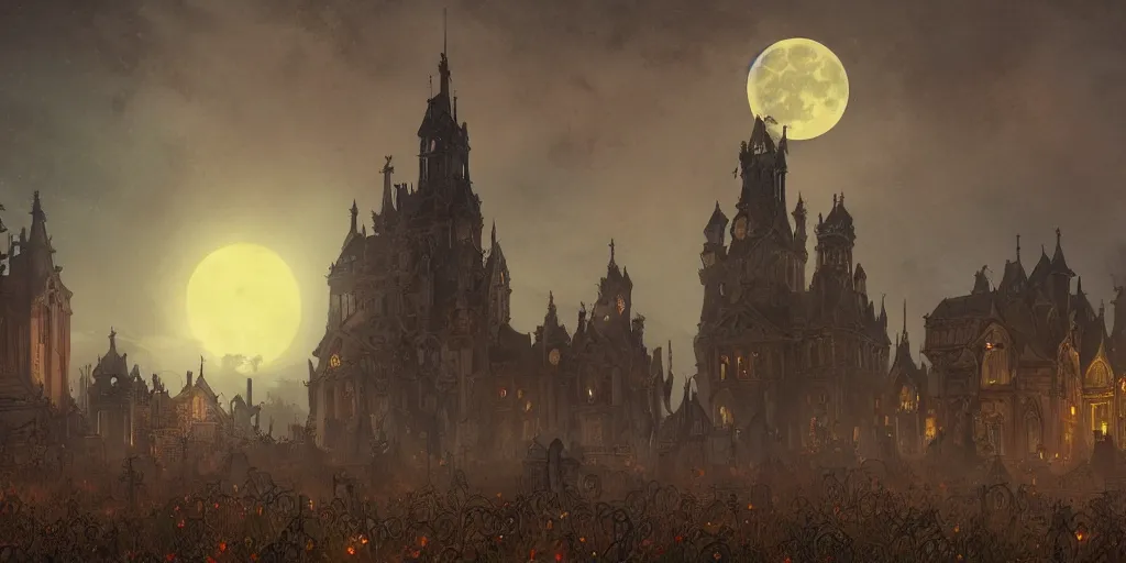 Image similar to an ultra detailed animation of a graveyard at midnight on halloween, digital art, dark fantasy, concept art, soulslike, by alphonse mucha, blood moon eclipse, ruined building in the background, artstation, 8 k, unreal engine render