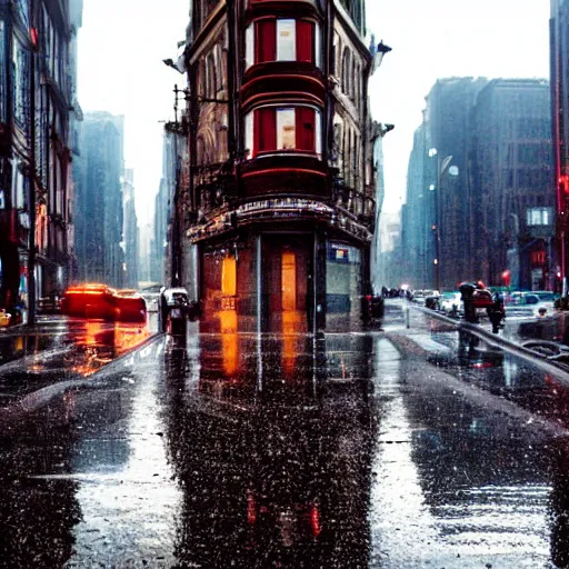 Image similar to a beautiful city in rainy day, reflection on the roads, lots of light, cars, people with umbrella, cinematic