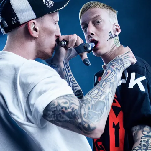 Image similar to eminem killing mgk, realistic 8 k professional photography, midday lighting, defiant, octane, volumetric lighting, 7 0 mm,