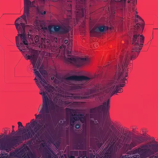 Image similar to digital, 2 dmatte, painting, illustration, abstract, illustration art, photoshop, fantasy, matte painting, abstract, red woman, intricate lines, made of tiny gears and robot parts