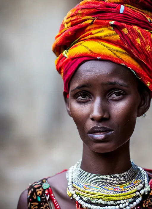 Prompt: Mid-shot portrait of a beautiful 20-year-old woman from Ethiopia in her traditional get-up, candid street portrait in the style of Mario Testino award winning, Sony a7R