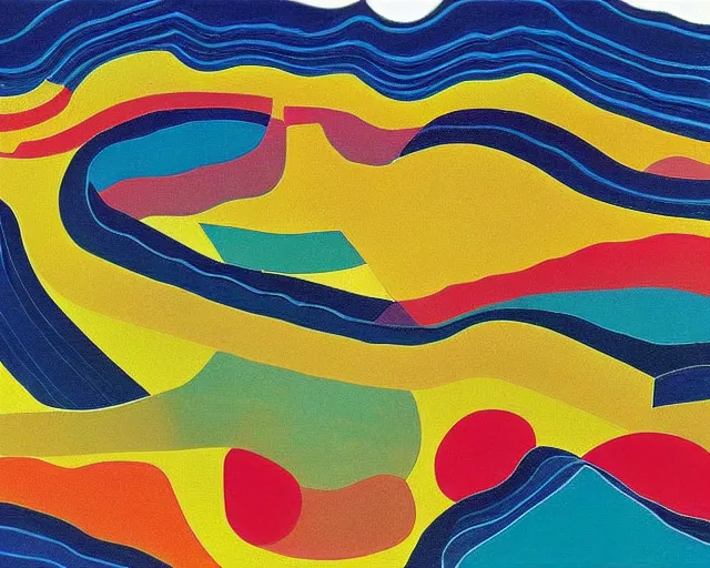 Image similar to A wild, insane, modernist landscape painting. Wild energy patterns rippling in all directions. Curves, organic, zig-zags. Saturated color. Mountains. Clouds. Rushing water. Wayne Thiebaud. David Hockney.