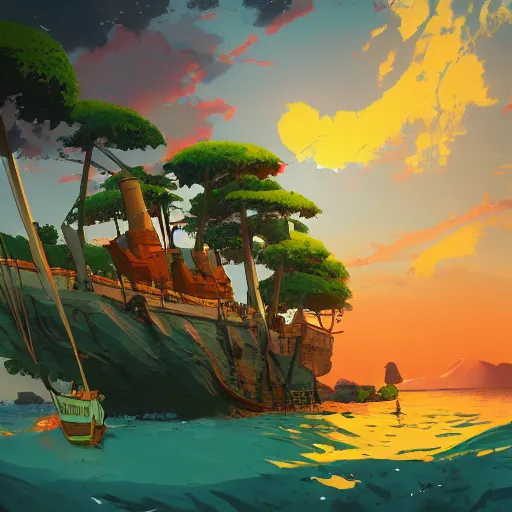 Image similar to Landscape of Pirates island and a pirate boat, vivid color, by Makoto Shinkai and James gilleard Eiichirō Oda
