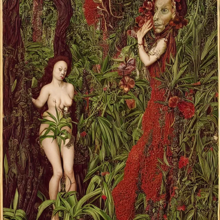 Prompt: a animalistic woman with her skin covered in plant patterns, her face looks like an orchid, huge plants tower around her, jan van eyck, max ernst, trending on artstation, 8 k