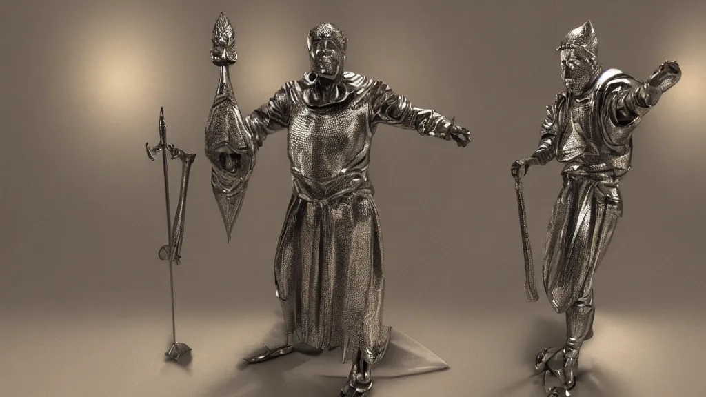 Prompt: 3d rendering, studio shot of full body portrait of metal bishop chess piece hyper realistic detailed, rim light