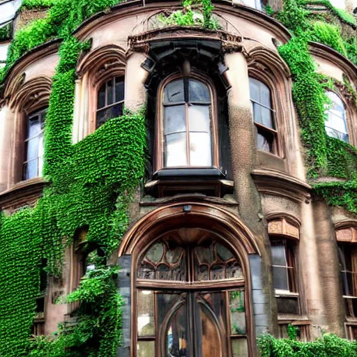 Prompt: of a massive steampunk building in the shape of an enormous head, windows for eyes, door for mouth, covered with copper plumbing and ivy