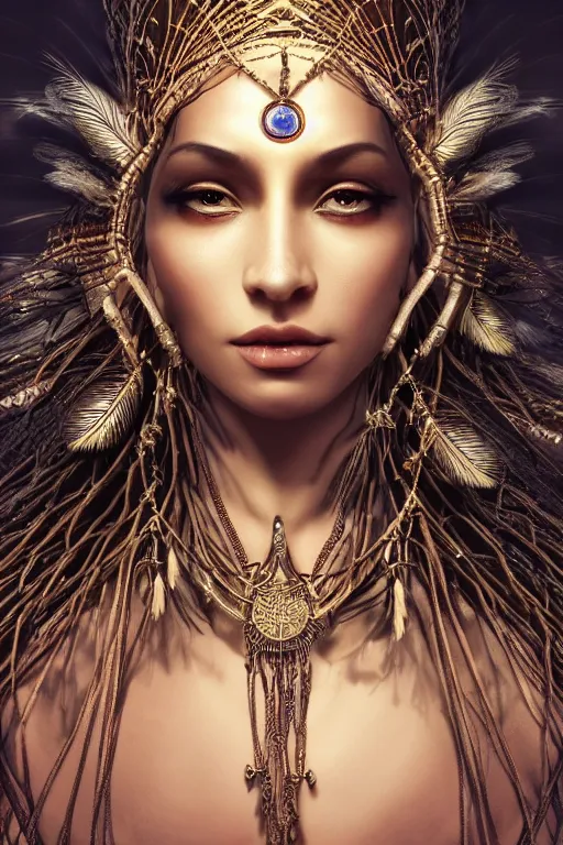 Image similar to a mystical render of a single alluring mystical tribal goddess adorned with feathers and gemstones and cables and synthesizer parts is surrounded by sacred geometry made from elven architecture, full body, gorgeous, perfect face, powerful, cinematic, beautifully lit, by artgerm, by karol bak, 3 d, trending on artstation, octane render, 8 k