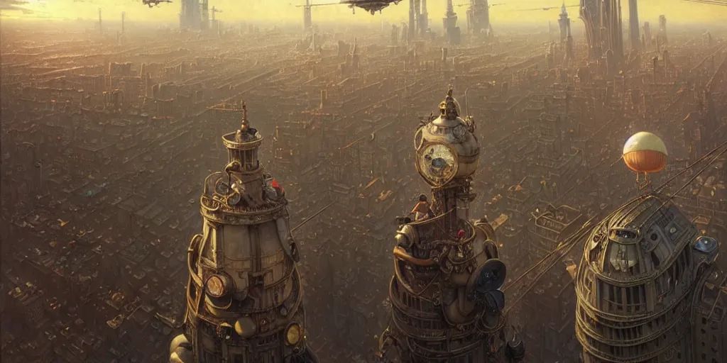 Image similar to steampunk airship above a busy city, exquisite details, denoised, mid view, by norman rockwell, karl kopinski, artsation, greg rutkowski, makoto shinkai, takashi takeuchi, studio ghibli