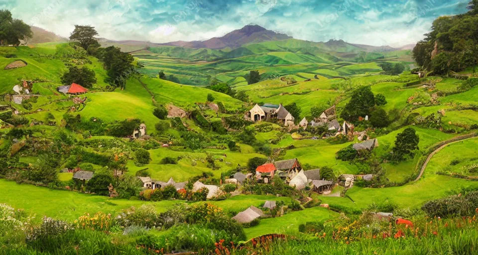 Image similar to verdant valley and rolling hills, hobbiton, middle earth, storybook illustration