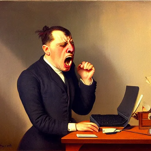 Image similar to an angry man yells at his computer monitor, oil on canvas, 1 9 0 1