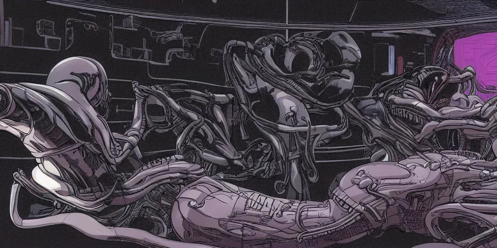 Prompt: wide angle illustration view of a xenomorph chasing a woman with black hair and biomech suit inside a spaceship with many screens and dials drawn by Moebius and Ron Cobb