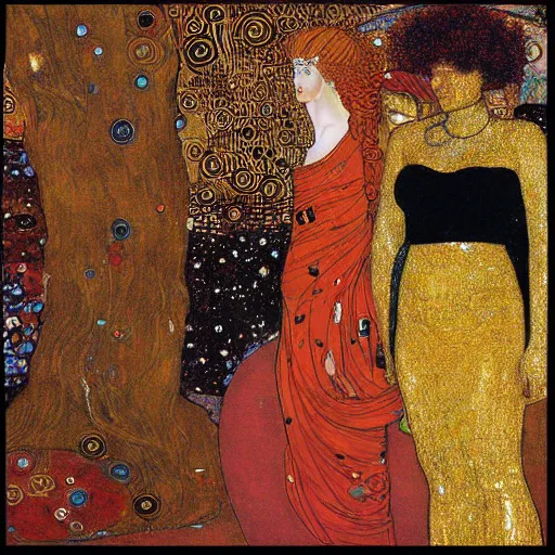 Image similar to a goddess a red haired goddess surrounded by gold by manara, and klimt