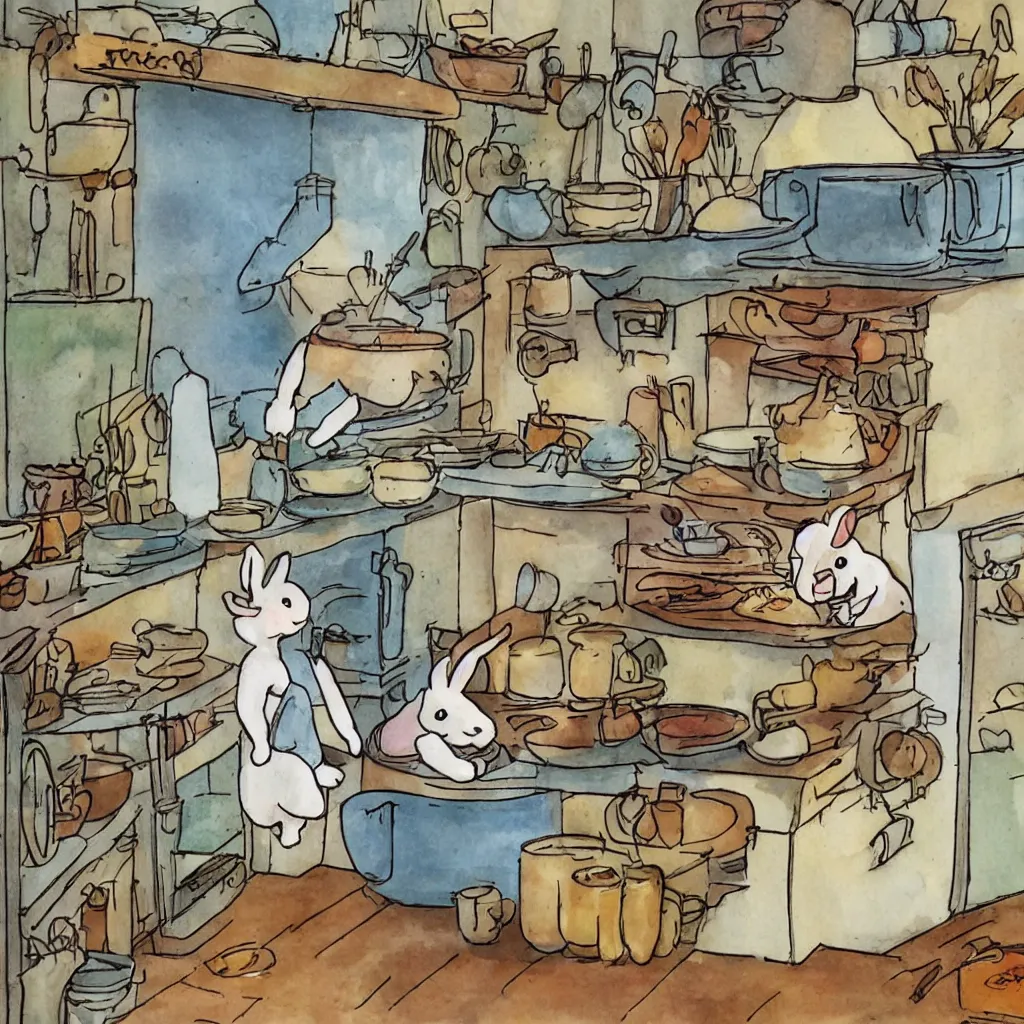 Prompt: a rabbit cooking in a french cozy kitchen in the style of studio ghibli