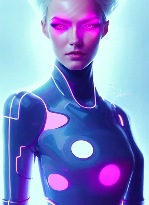 Image similar to portrait of scandinavian female humanoid, very futuristic, elegant, cyber neon lights, highly detailed, digital illustration, trending in artstation, trending in pinterest, glamor pose, concept art, smooth, sharp focus, art by artgerm and greg rutkowski