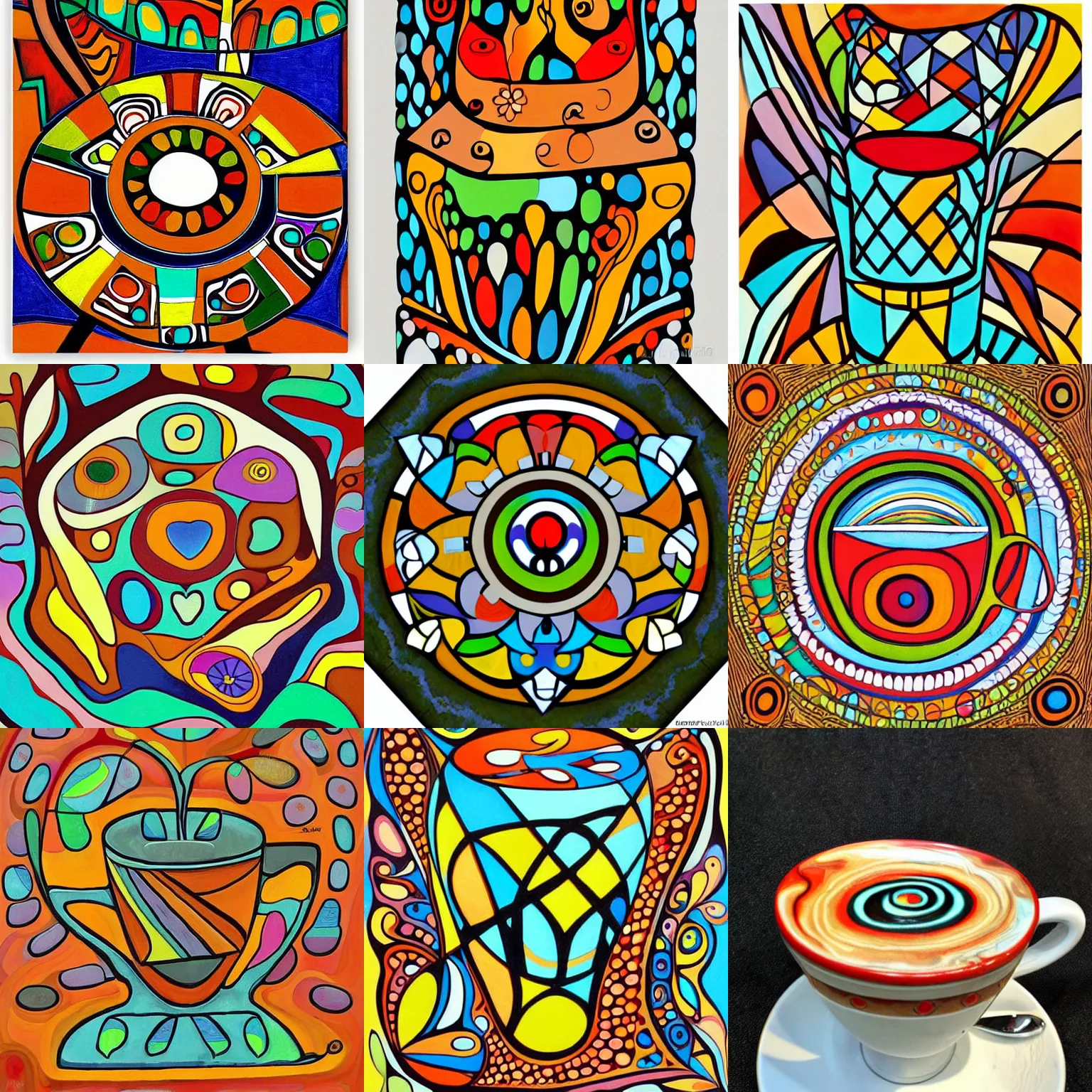 Prompt: geometric cappuccino, illustration, art stand, woodlands style, intricate, gorgeous, by norval morrisseau