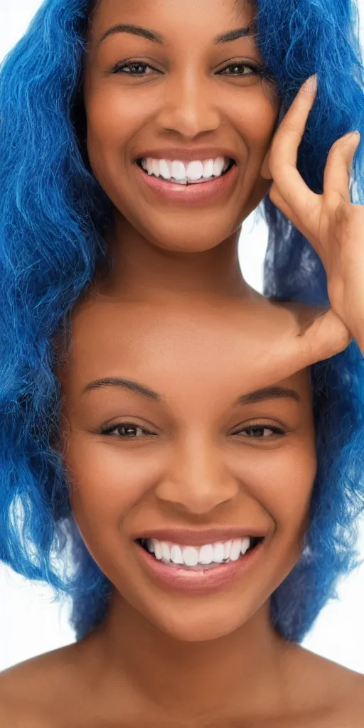 Prompt: black woman with blue hair smiling