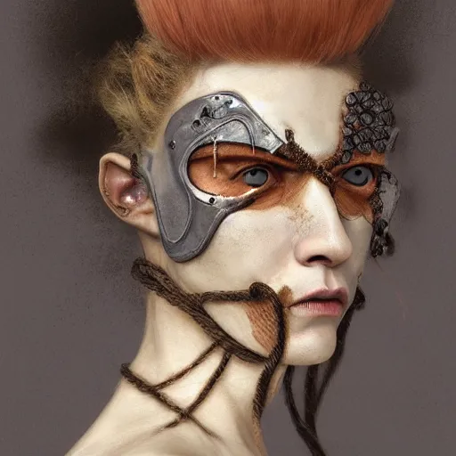 Image similar to portrait of a Shibari rope wrapped face and neck, headshot, insanely nice professional hair style, dramatic hair color, digital painting, of a old 17th century, old cyborg merchant, amber jewels, baroque, ornate clothing, scifi, realistic, hyperdetailed, chiaroscuro, concept art, art by Franz Hals and Jon Foster and Ayami Kojima and Amano and Karol Bak,