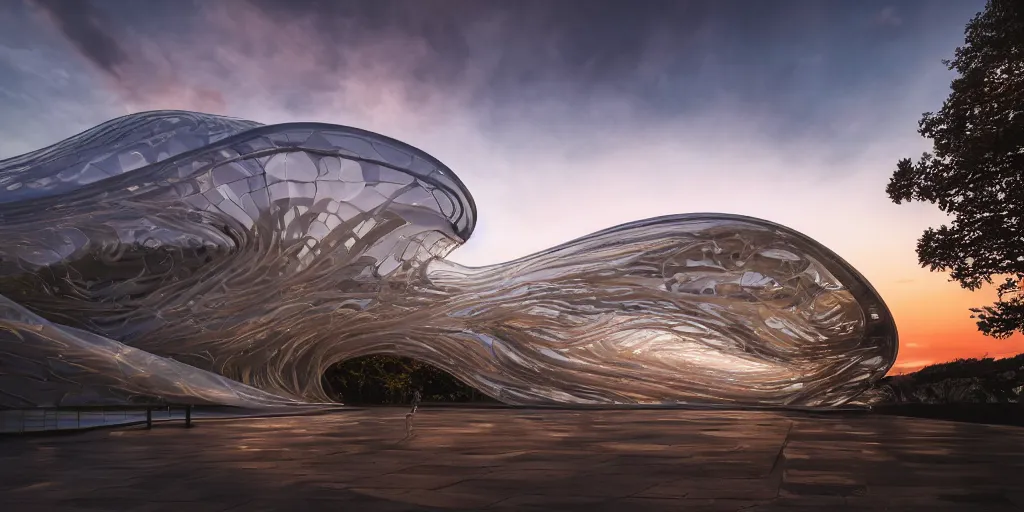 Image similar to extremely detailed awe stunning beautiful futuristic smooth curvilinear museum exterior, translucent gills, stunning volumetric light, stainless steel, concrete, translucent material, beautiful sunset, hyper real, 8k, colorful, 3D cinematic volumetric light, atmospheric light