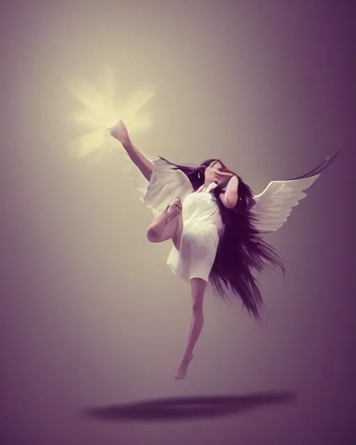 Image similar to woman turning into an angel levitating off the ground, by randy vargas, art station, smooth, focus