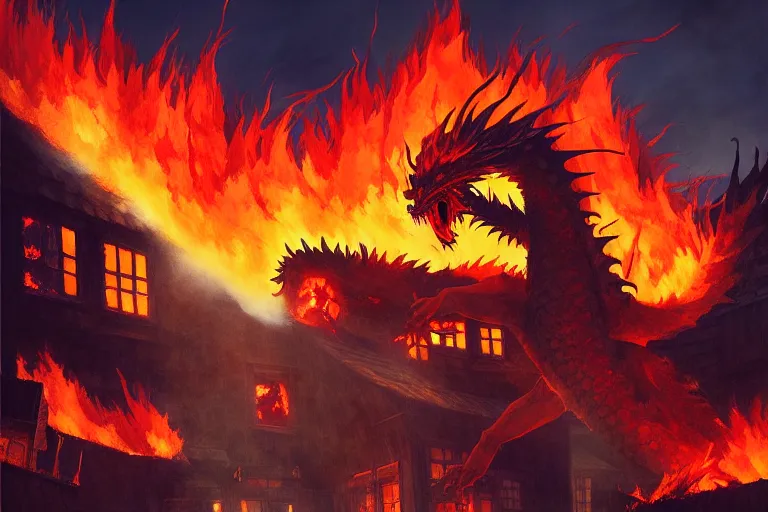 Image similar to anime key visual of fearsome fire dragon burning down fantasy village, burning screaming terror, style of jamie wyeth james gilleard edward hopper greg rutkowski acrylic painting, preserved museum piece, historical