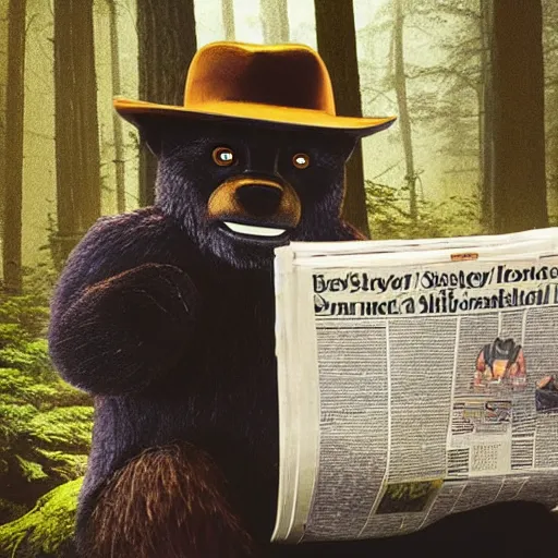 Image similar to UHD candid photo of Smokey The Bear in the woods, sitting over a well reading newspaper, by Annie leibowitz, photorealisitc, extremely detailed