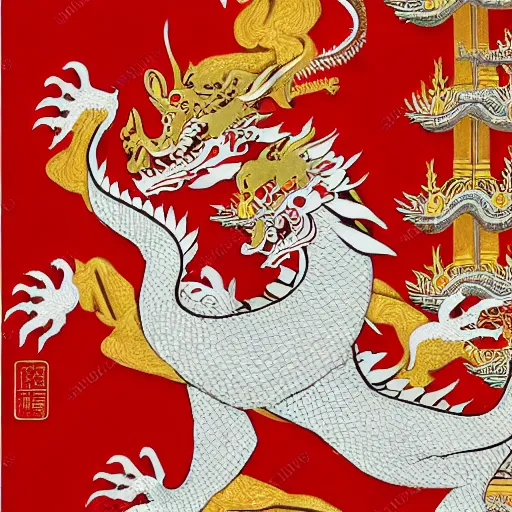 Prompt: oriental white and gold eastern dragon in a traditional chinese art style, red background, detailed