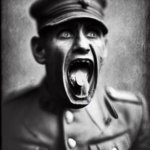 Image similar to horrified screaming World War 1 soldier, portrait, black and white photography