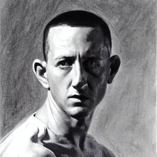 Prompt: portrait of chester bennington by john singer sargent, in a white tank top singing, high detail, ultra realistic, movie still