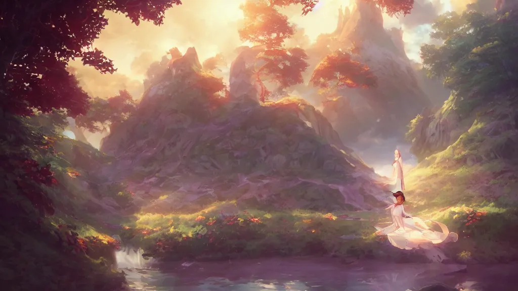 Image similar to the gate to the realm of dream is opening for us, bringing the peace to the souls, dynamic lighting, cinematic lighting, lit by morning light, by makoto makoto, krenz cushart and ilya kuvshinov and artgerm, anime, featured on artstation, ultrawide angle