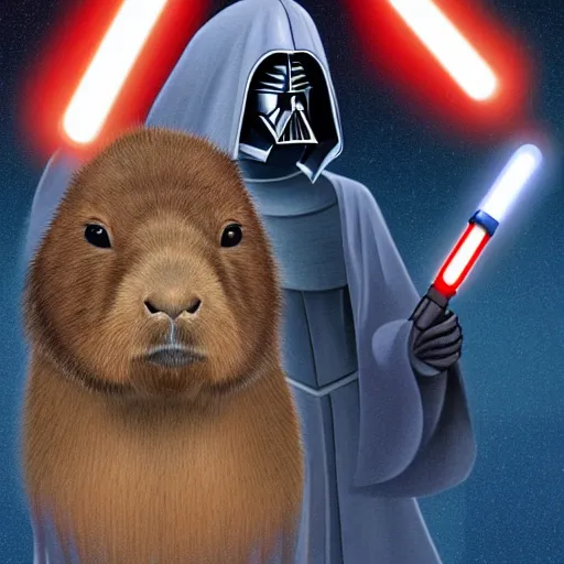 Image similar to an illustration of a capybara wearing a sith robe and holding a lightsaber, Digital art