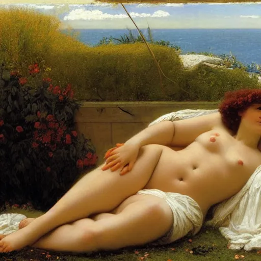 Prompt: john william godward, sir lawrence almda tadema, herbert james draper. beauty reclining outside. 1 8 9 9. trending on artstation