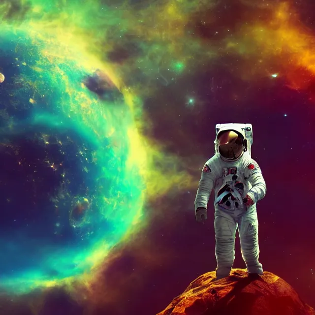 Image similar to - an astronaut standing on the edge of the universe trying to make sense of the world with psychedelic backgrounds, 4 k, trending on artstation, renaissance