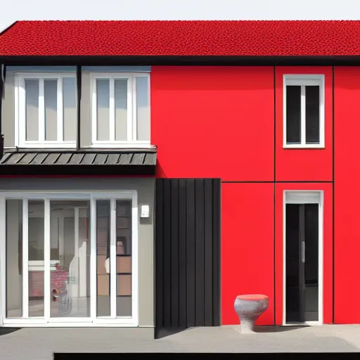 Prompt: a modern half - timbered house with a red door and windows, a digital rendering by schelte a bolswert, featured on polycount, de stijl, reimagined by industrial light and magic, angular, symmetrical