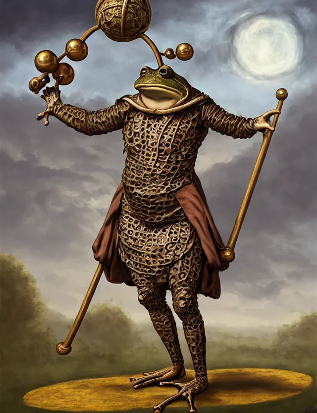 Image similar to anthropomorphic bipedal frog that is dressed as a renaissance fighter, and holding a giant flail on a chain, as a matte oil painting and d & d character art, by alex grey, standing, fullbody, floating bubbles, mystic, fog, fractals, spirals, concept art, award - winning, extremely detailed, sharp focus