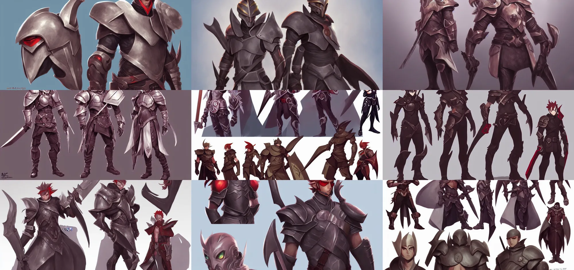 Prompt: concept art of male warrior in simple leather armor video game characters head designs, pastels, disgaea, flcl, d & d, unique styles, by marc brunet and artgerm