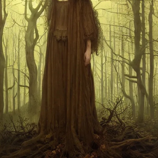 Prompt: the witch standing in the haunted forest | highly detailed oil painting, hyperrealistic, very intrincate | cinematic lighting, award - winning | by roberto ferri, gustav klimt, william waterhouse and tom bagshaw | by austin osman spare and william blake, trending on artstation, cgsociety, official art, octane.