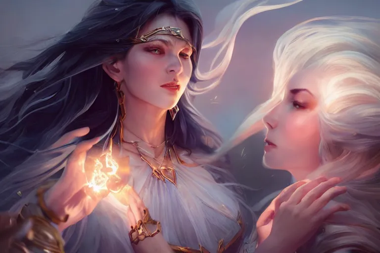 Image similar to beautiful powerful sorceress bestows her power upon her greatfull disciple, made by Stanley Artgerm Lau, WLOP, Rossdraws, ArtStation, CGSociety, concept art,g cgsociety, octane render, trending on artstation, artstationHD, artstationHQ, unreal engine, 4k, 8k,