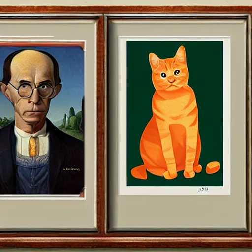 Image similar to fat orange tabby cat next to jon from garfield, american gothic by grant wood