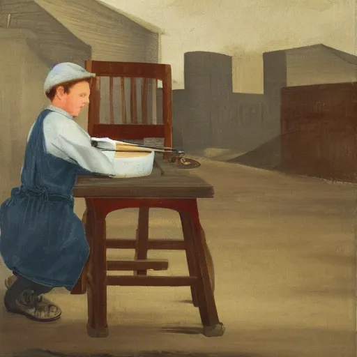 Image similar to A boy sitting on a chair and painting a factory on a canvas,