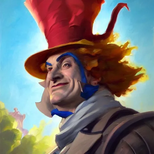 Image similar to greg manchess portrait painting of partially armored mad hatter from alice in wonderland as overwatch character, wacky, medium shot, asymmetrical, profile picture, organic painting, sunny day, matte painting, bold shapes, hard edges, street art, trending on artstation, by huang guangjian and gil elvgren and jesper ejsing